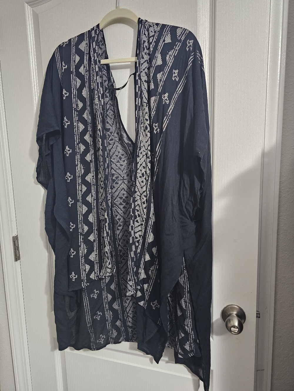 Open Front Black White Patterned Long Kimono, One Size